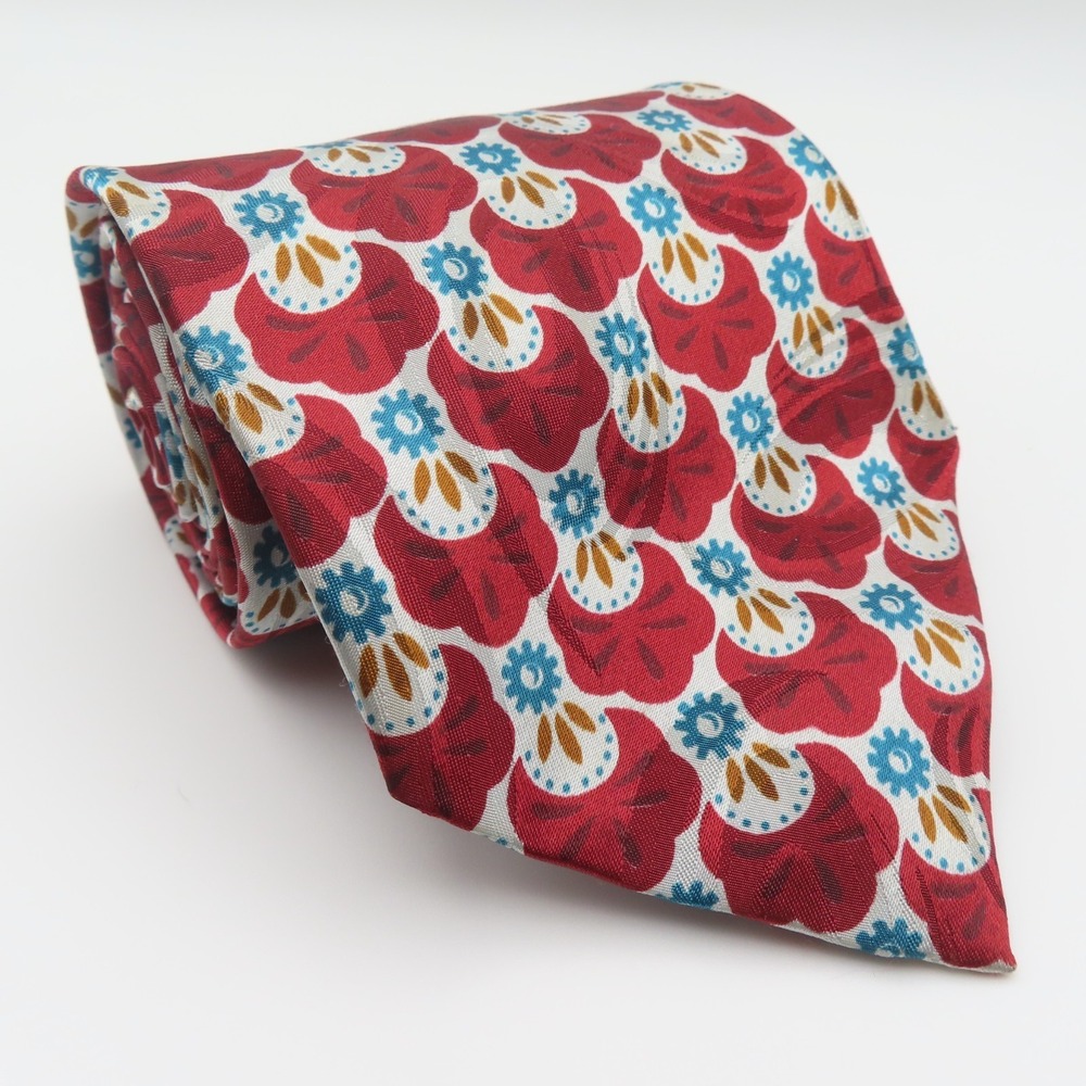 Christian Dior Tie Silk Red Blue Floral Polka Dot 3.75" Wide 56" Long Polyester